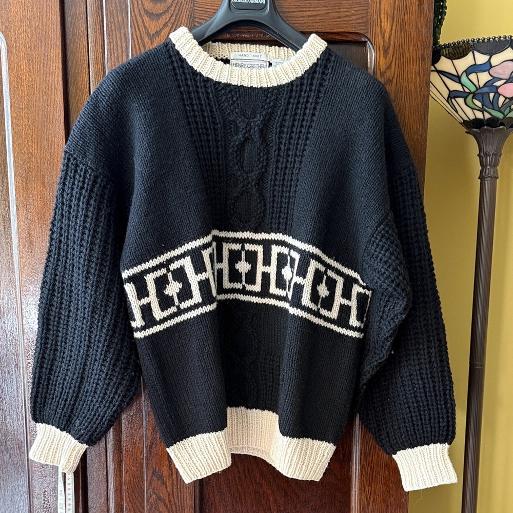 Vintage Henry Grethel Black & Cream Hand Knit Shetland Wool Sweater